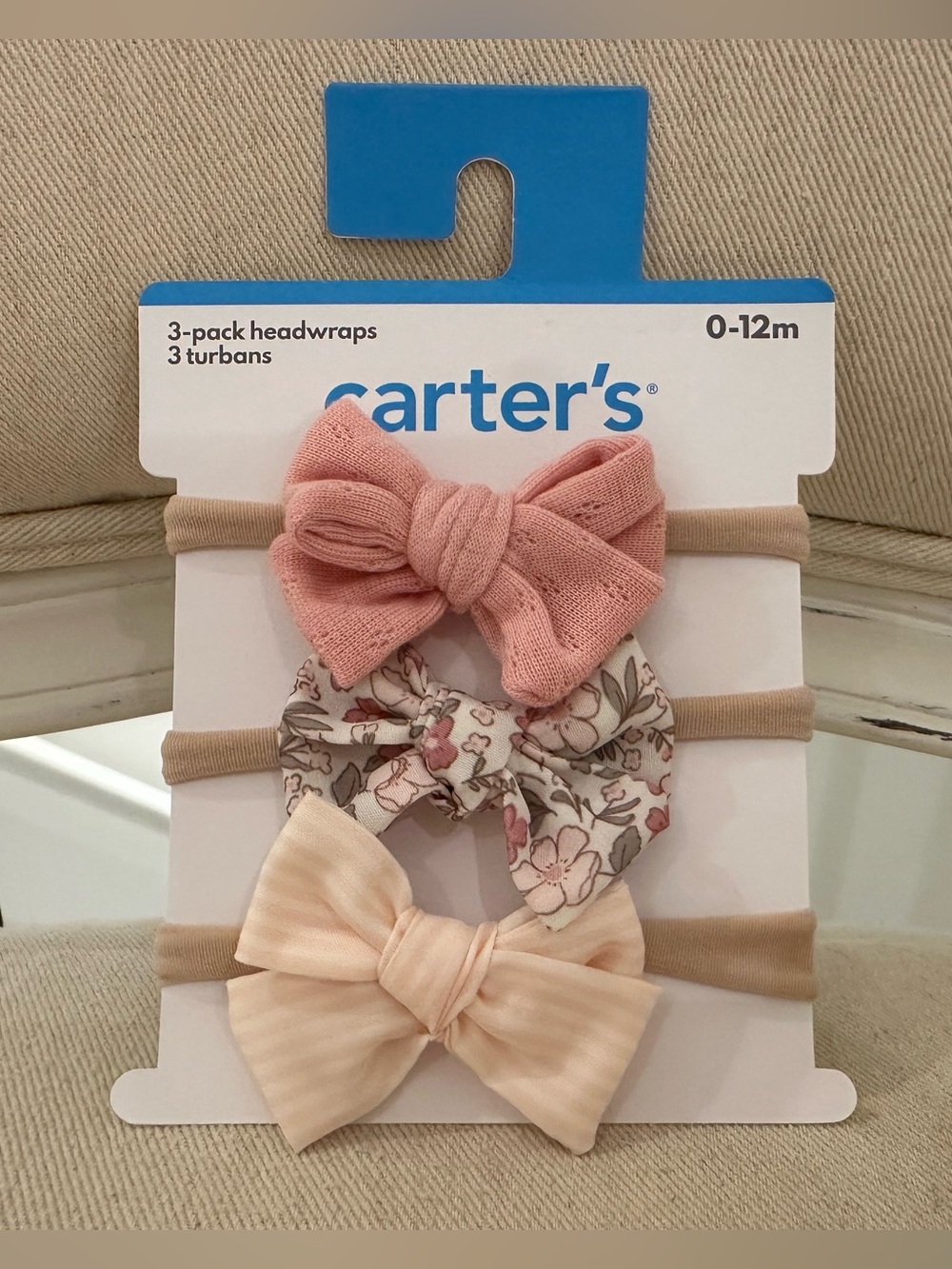 🦢 0~12 Mth Baby Girls 3-Pack Bow Headwraps - Pink, Floral, Ivory NWT